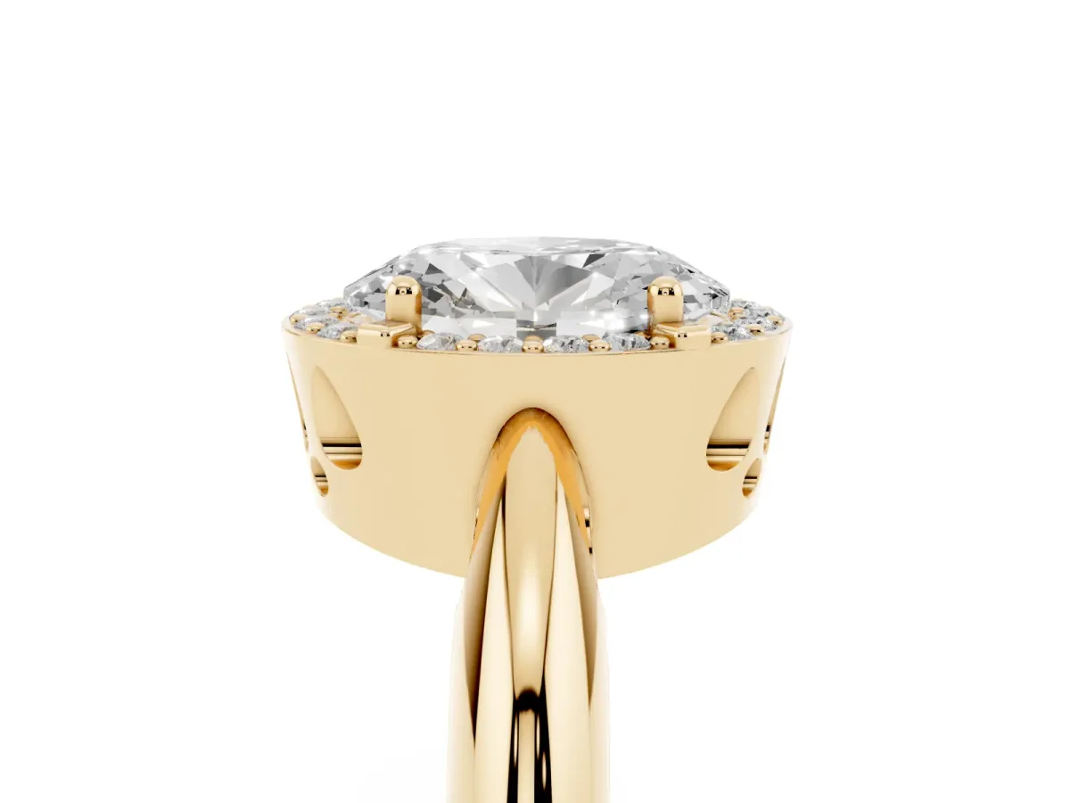 Oval Cut Cut Diamond Halo Engagement Ring with Split Shank and Four-Prong Setting Yellow gold