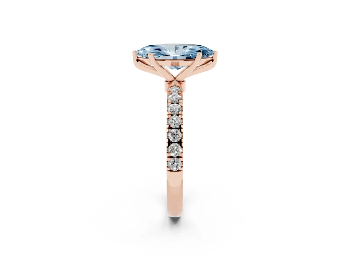 Fancy Blue Marquise Cut Diamond Solitaire Ring with Pavé Accents and Four-Prong Setting Rose gold