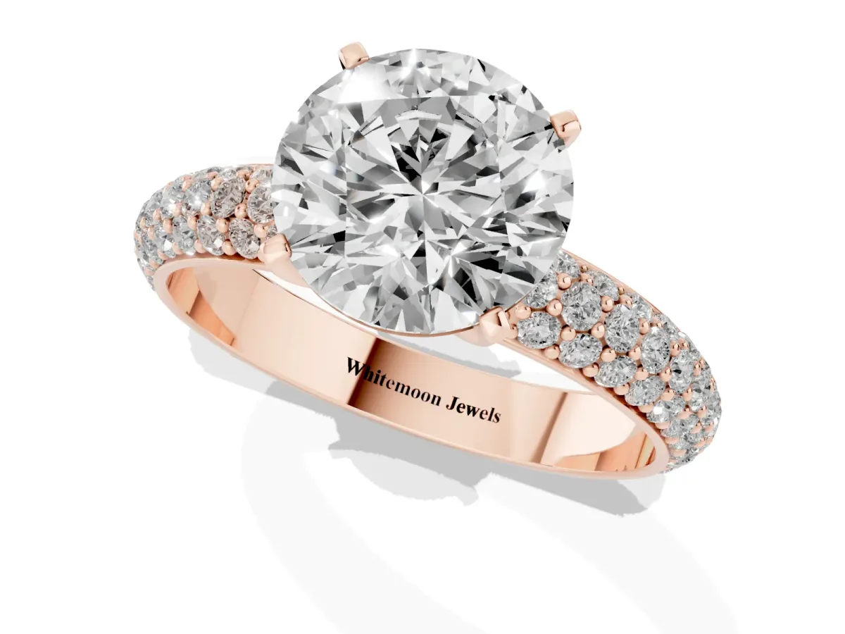 Round Cut Diamond Solitaire Ring with Prong Setting and Pavé Band Rose gold