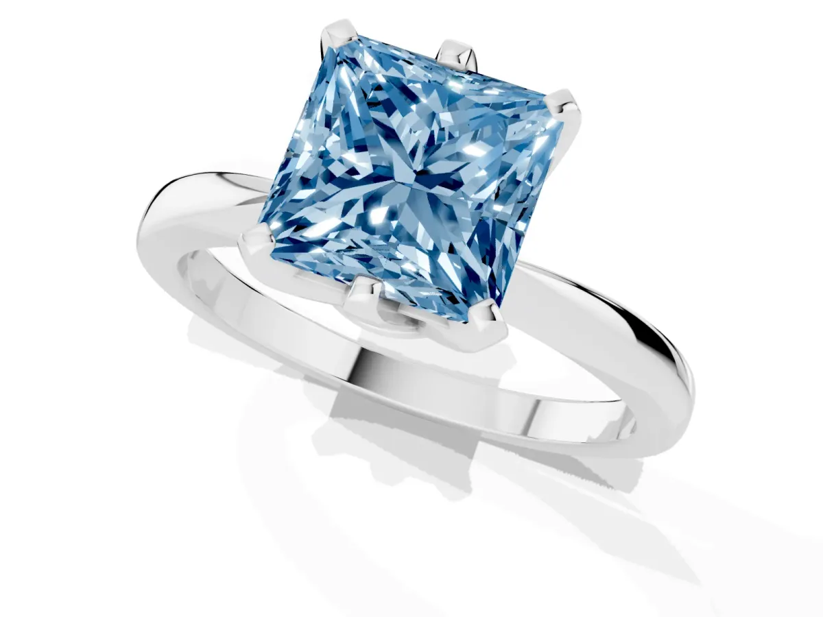 Fancy Blue Princess Cut Solitaire Engagement Ring with Six-Prong Setting and Tapered Band Silver