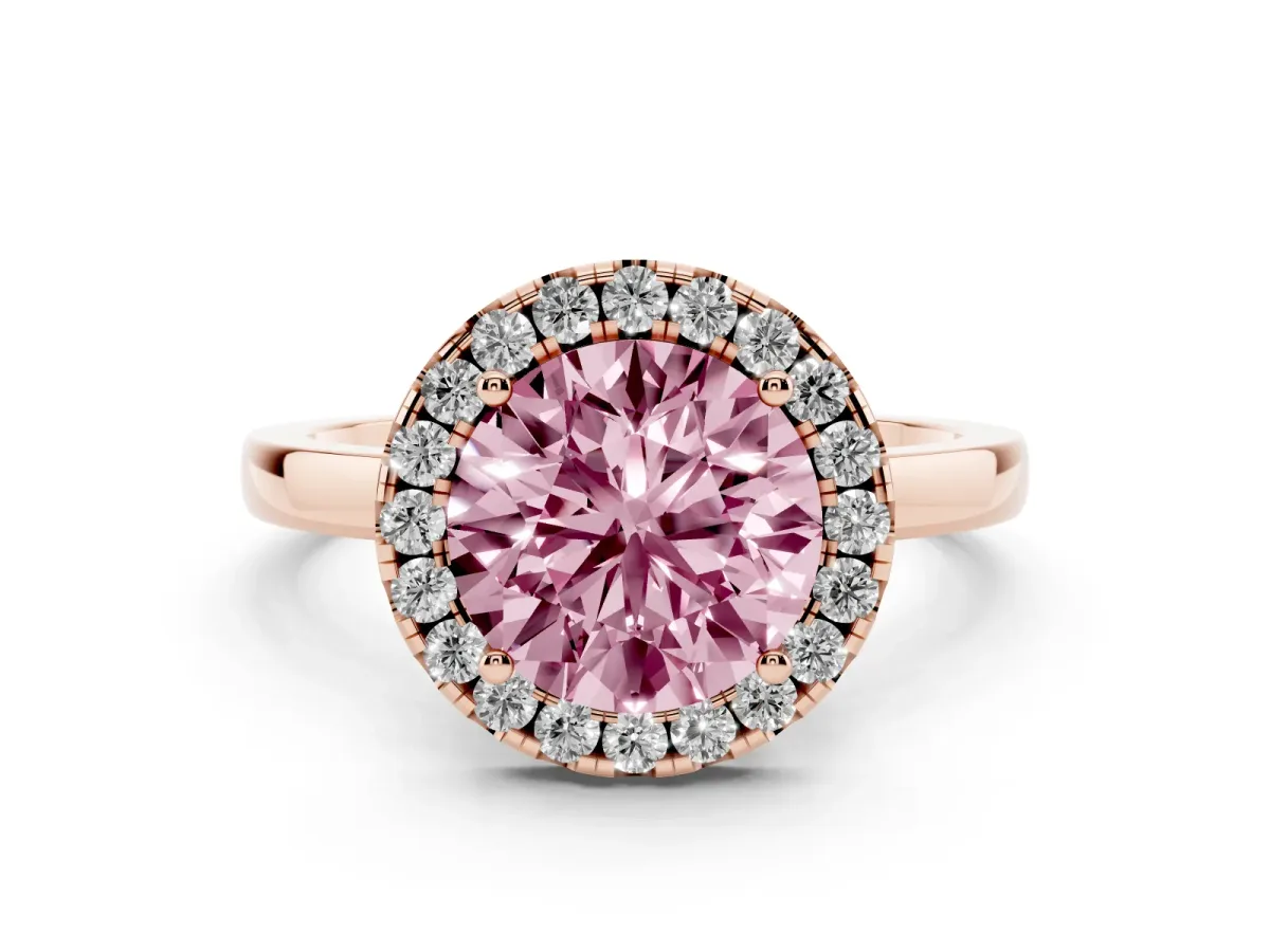 Fancy Pink Round Cut Halo Diamond Solitaire with Pavé Band and Four-Prong Setting Rose gold
