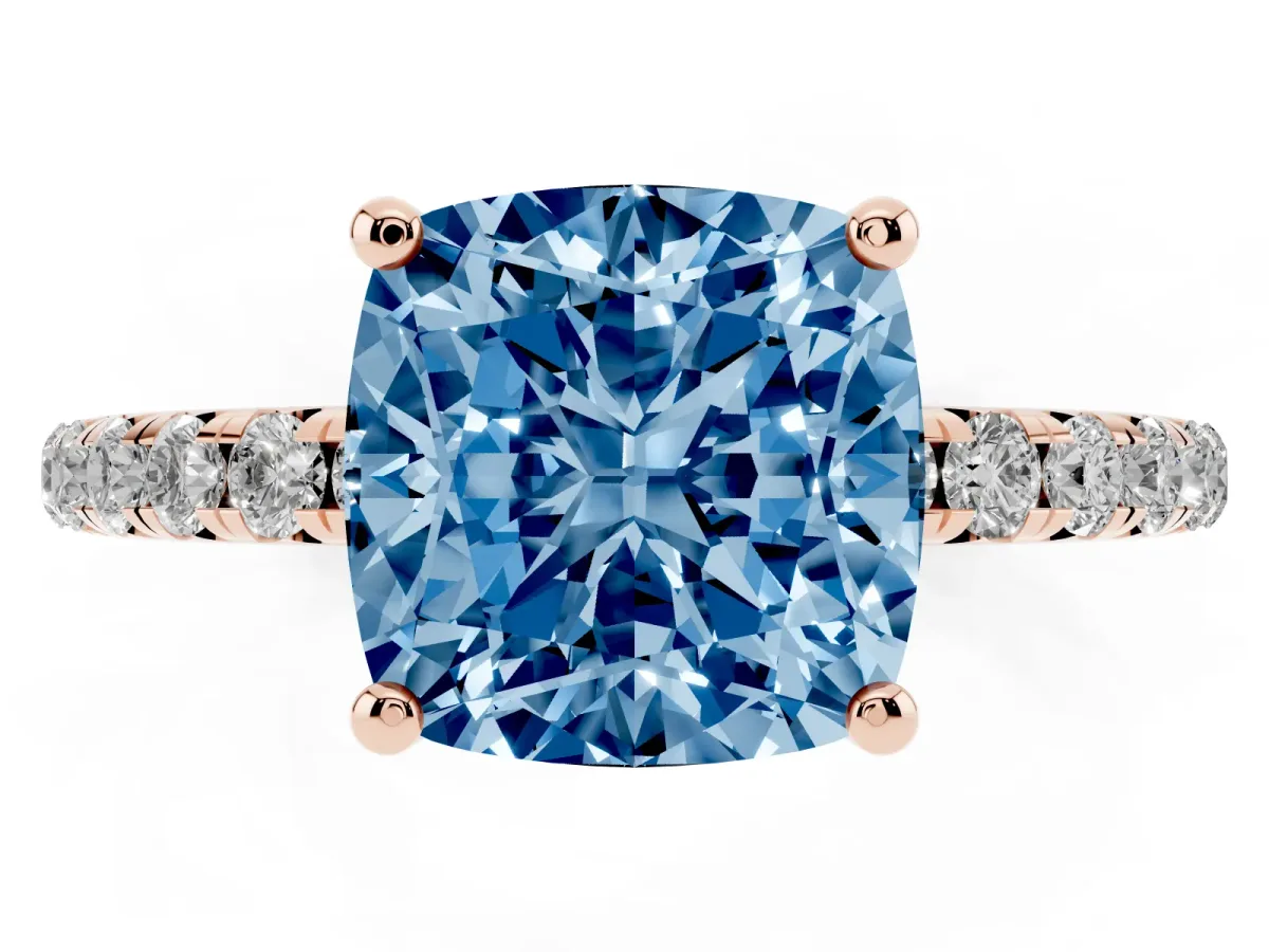 Fancy Blue Cushion Cut Cut Diamond Solitaire Ring with Micro Pave Band and Four Prong Setting Rose gold