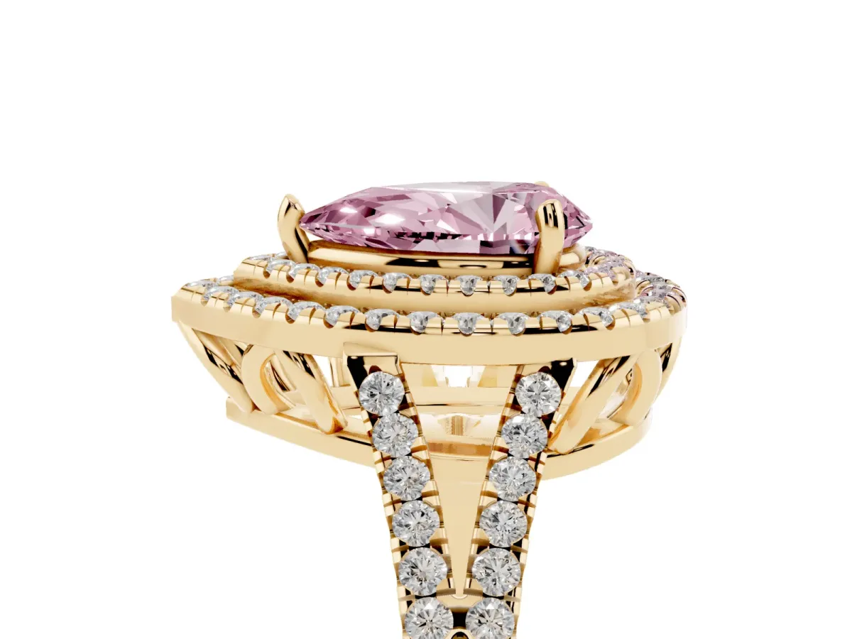 Fancy Pink Pear Cut Diamond Double Halo Ring with Pavé Band and Prong Setting Yellow gold