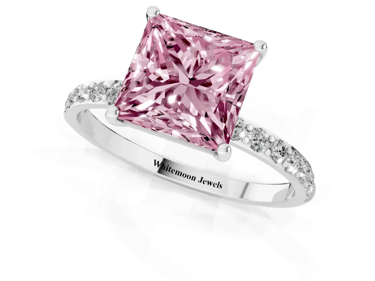 Fancy Pink Princess Cut Diamond Solitaire Ring with Round Pavé Shoulders and Prong Setting Silver