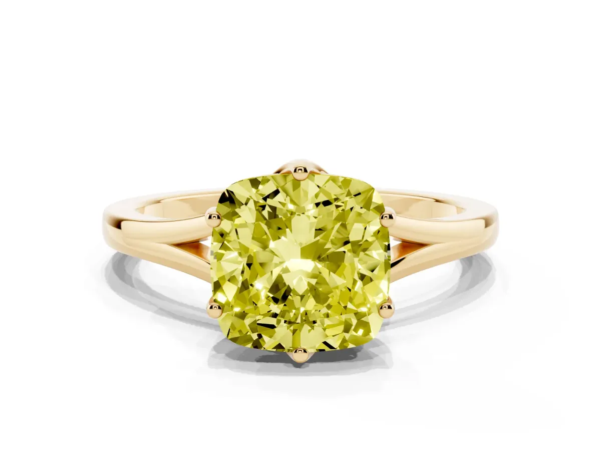Fancy Yellow Cushion Cut Solitaire Diamond Ring with Six-Prong Setting and Tapered Band Yellow gold