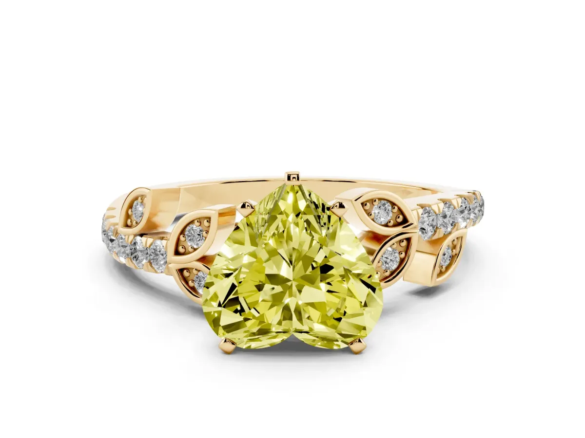 Fancy Yellow Heart Cut Solitaire Leaf-Inspired Diamond Ring with Pavé Band and Four-Prong Setting Yellow gold
