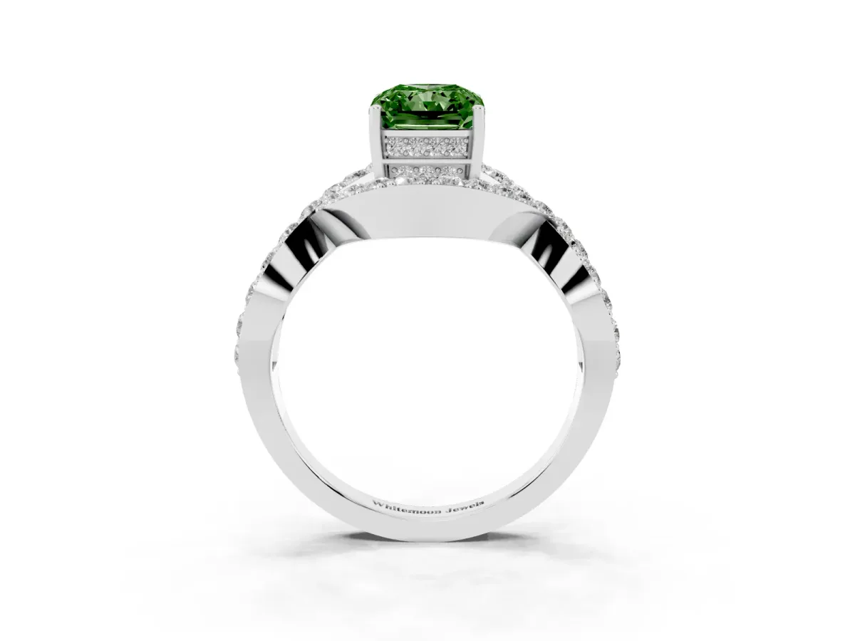 Fancy Green Radiant Cut Solitaire Twist Band Pavé Diamond Engagement Ring Platinum
