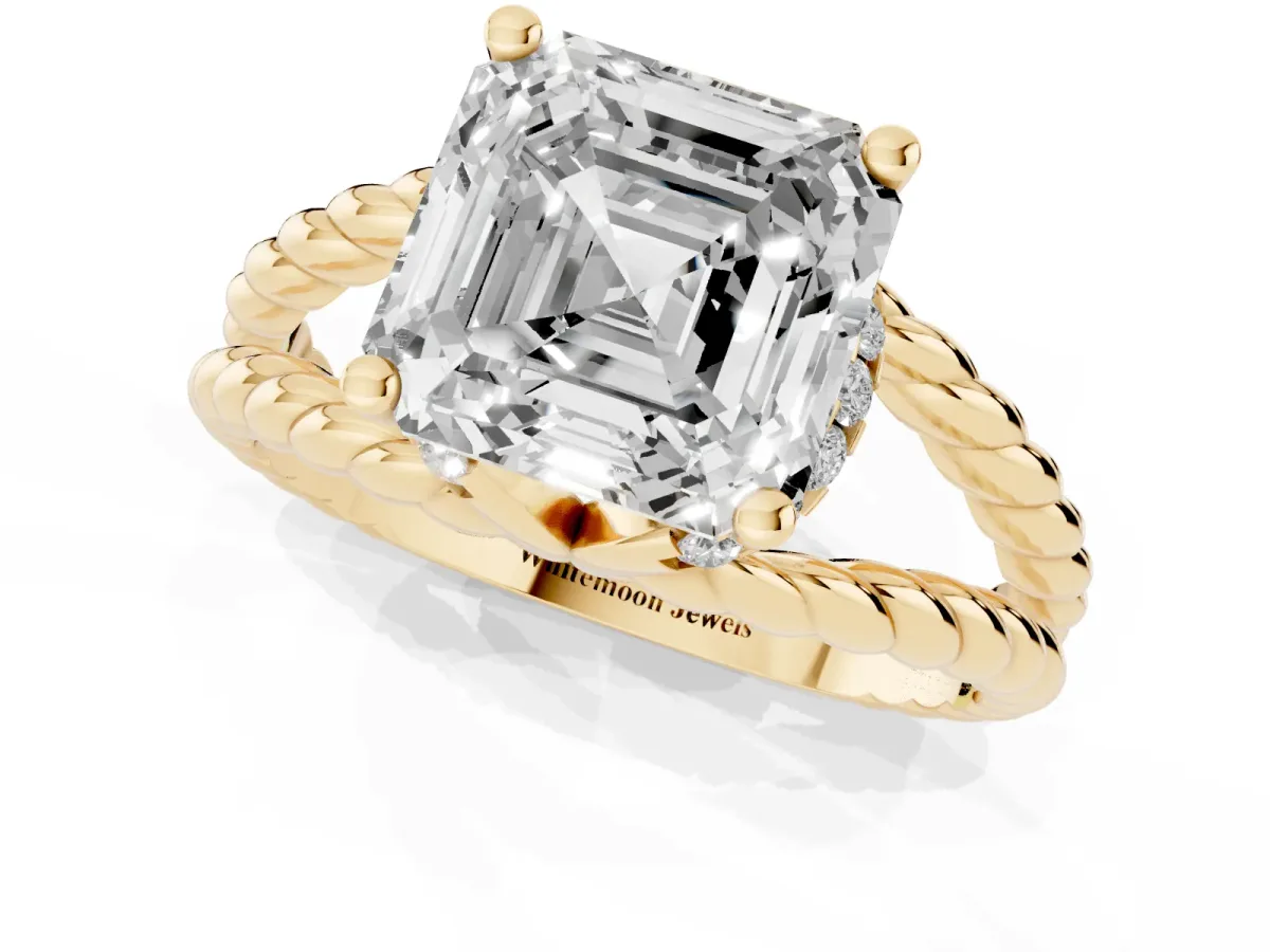 Asscher Cut Halo Twisted Band Four-Prong Ring Yellow gold