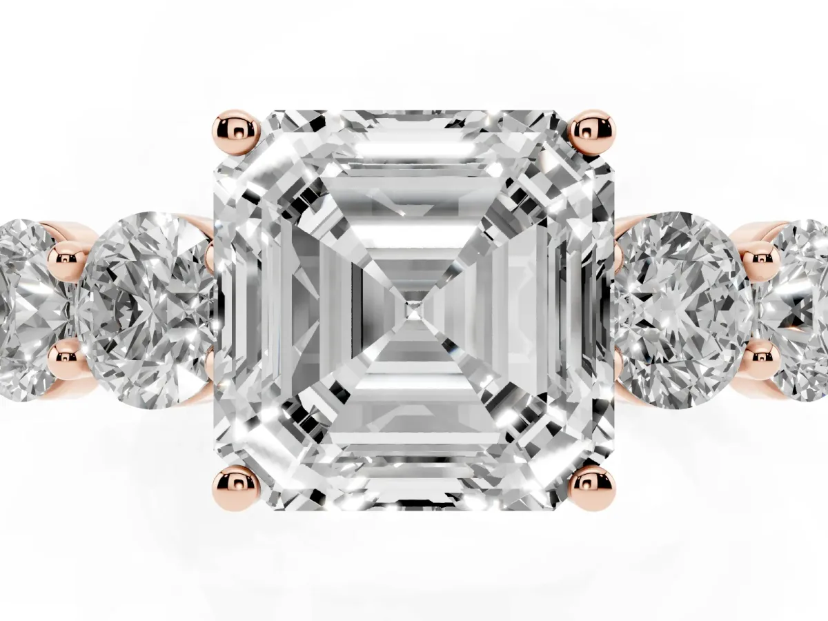 Asscher Cut Cut Five-Stone Prong Set Diamond Ring with Classic Band Rose gold