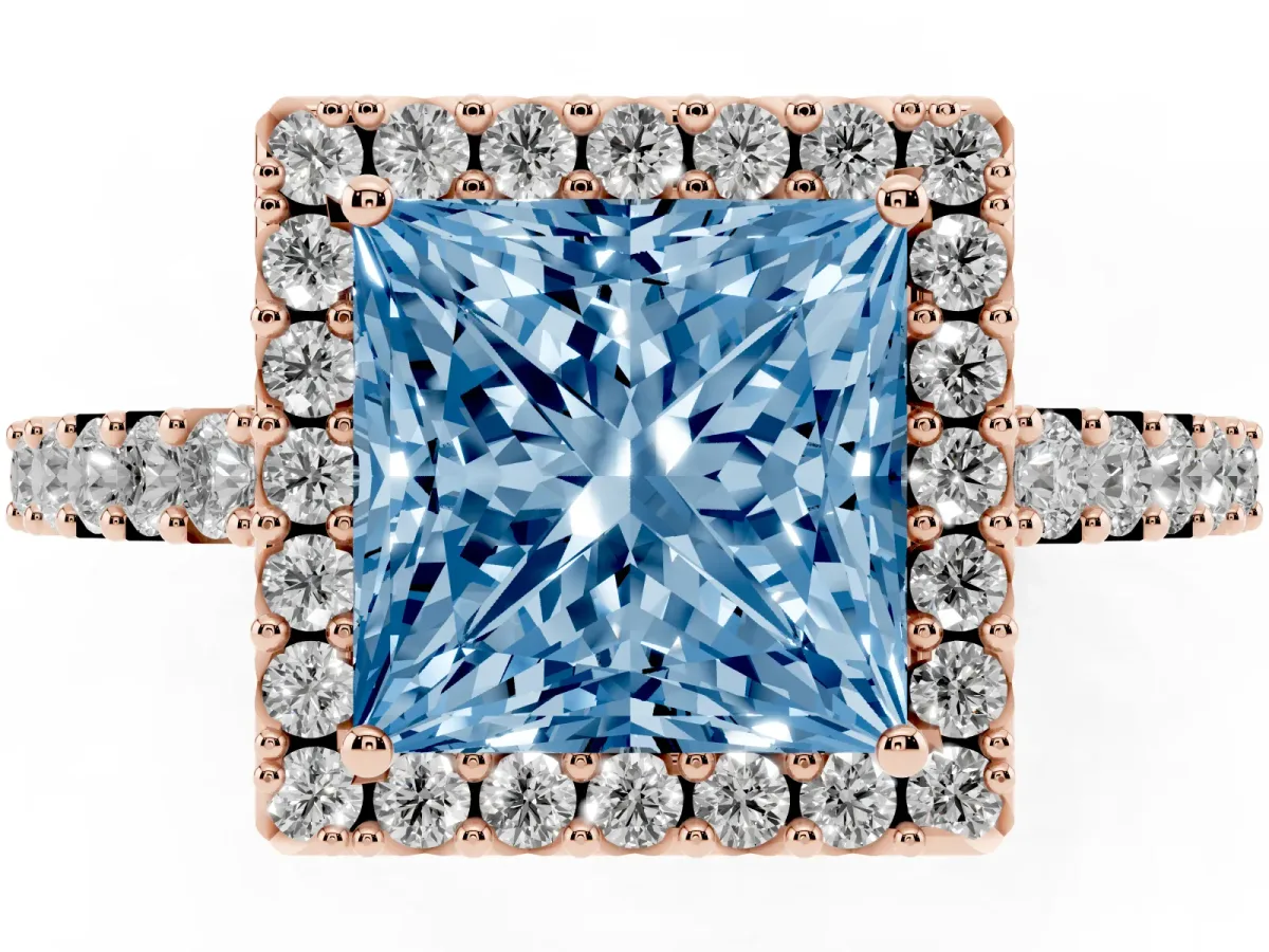 Fancy Blue Princess Cut Halo Diamond Pavé Solitaire Ring Rose gold