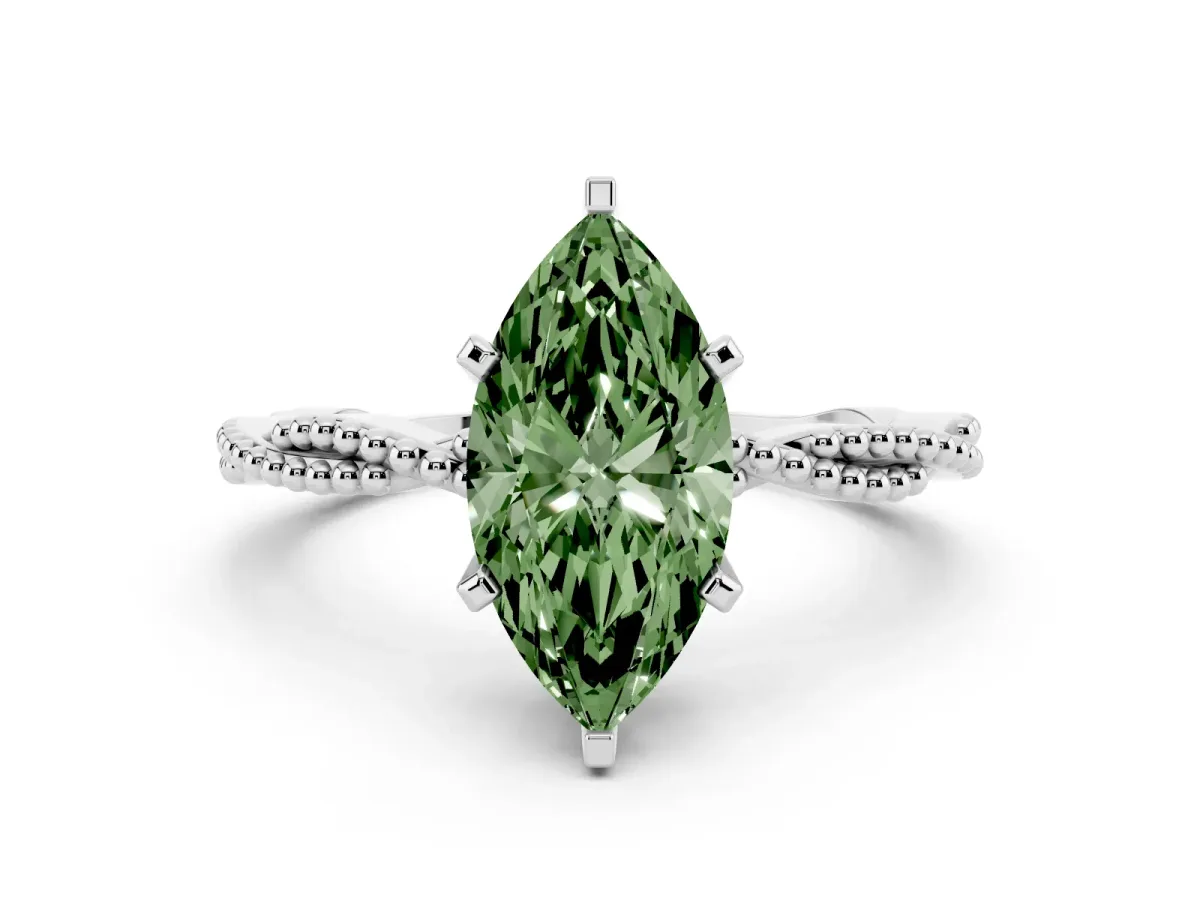 Fancy Green Marquise Cut Solitaire Twisted Band with Bead Prong Setting Platinum