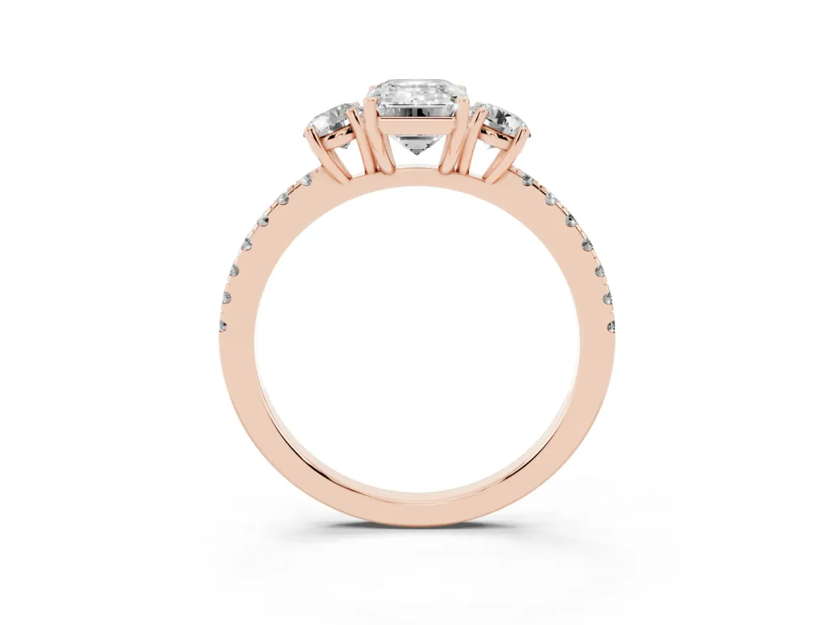 Three-Stone Emerald Cut Cut Diamond Pavé Band with Prong Setting Rose gold