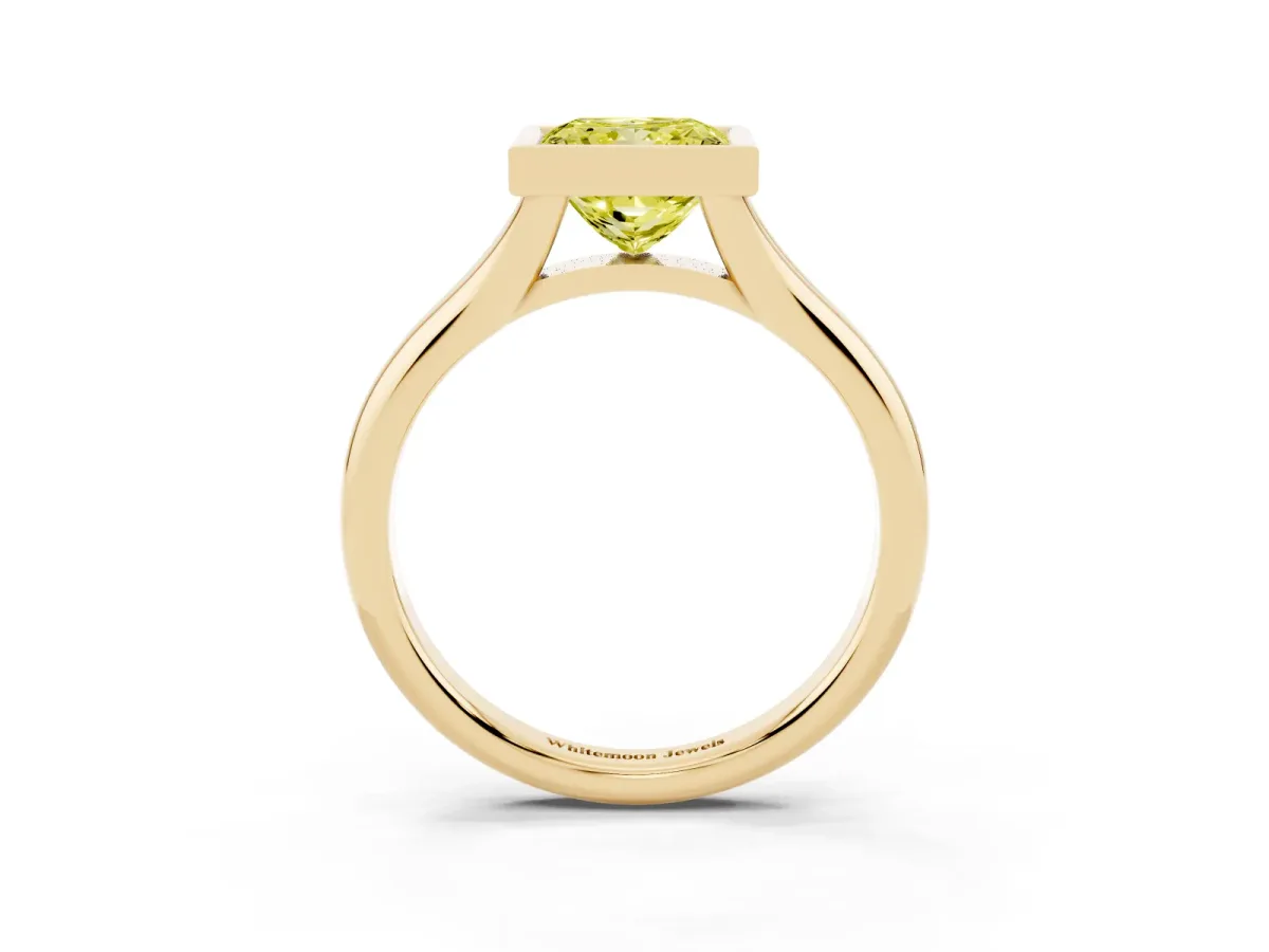 Fancy Yellow Bezel Set Princess Cut Solitaire Diamond Ring with Smooth Band Yellow gold
