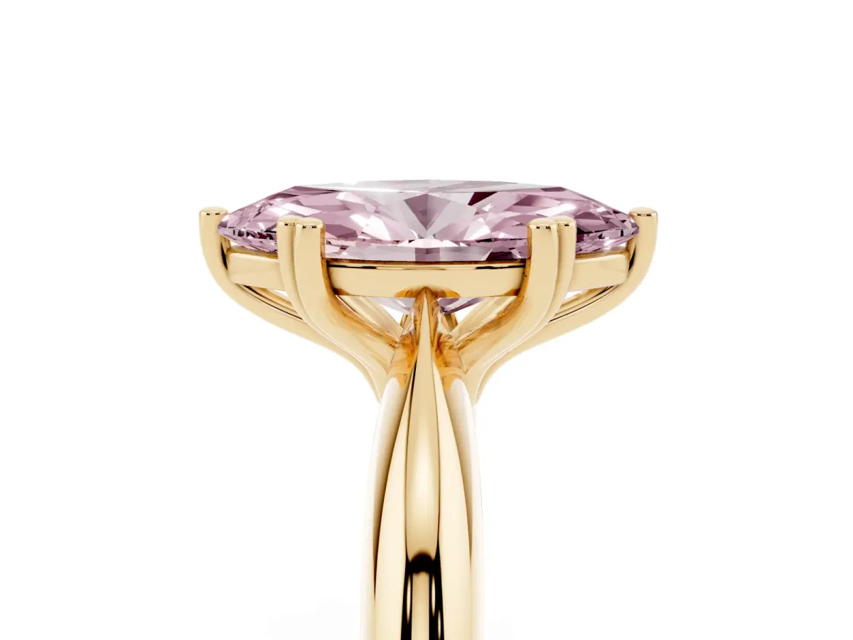 Fancy Pink Marquise Cut Cut Solitaire Engagement Ring with Tapered Band and Four-Prong Setting Yellow gold