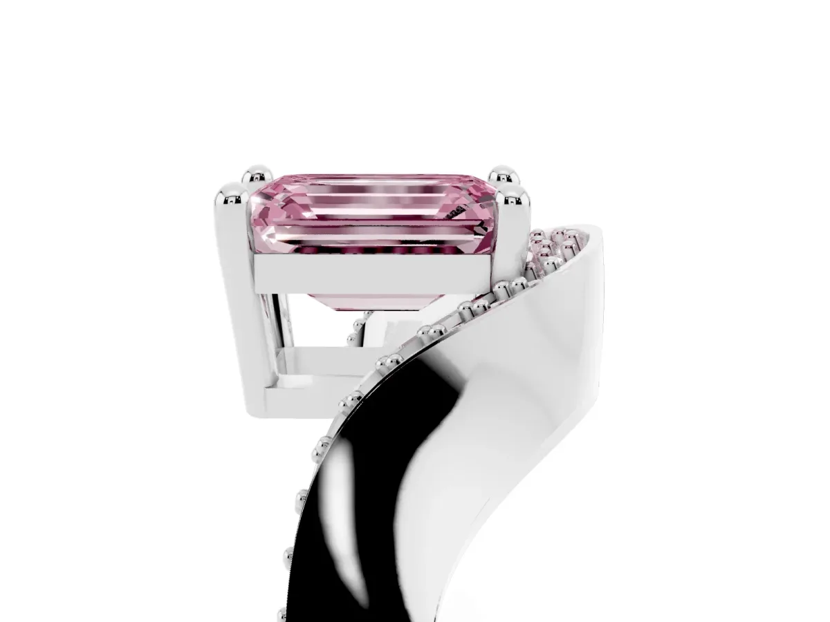 Fancy Pink Emerald Cut Solitaire Diamond Engagement Ring with Pave Band and Four-Prong Setting Platinum