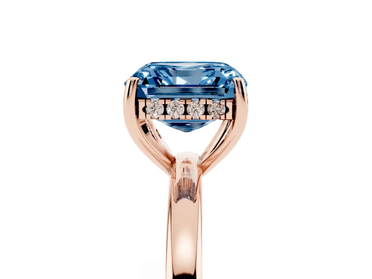 Fancy Blue Asscher Cut Solitaire Diamond Ring with Prong Setting and Plain Band Rose gold