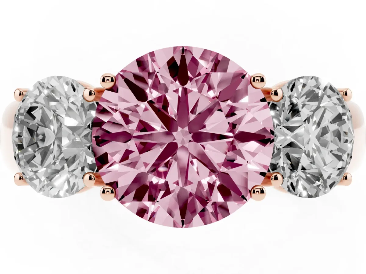 Fancy Pink Three-Stone Round Cut Cut Diamond Ring with Prong Setting and Classic Band Rose gold
