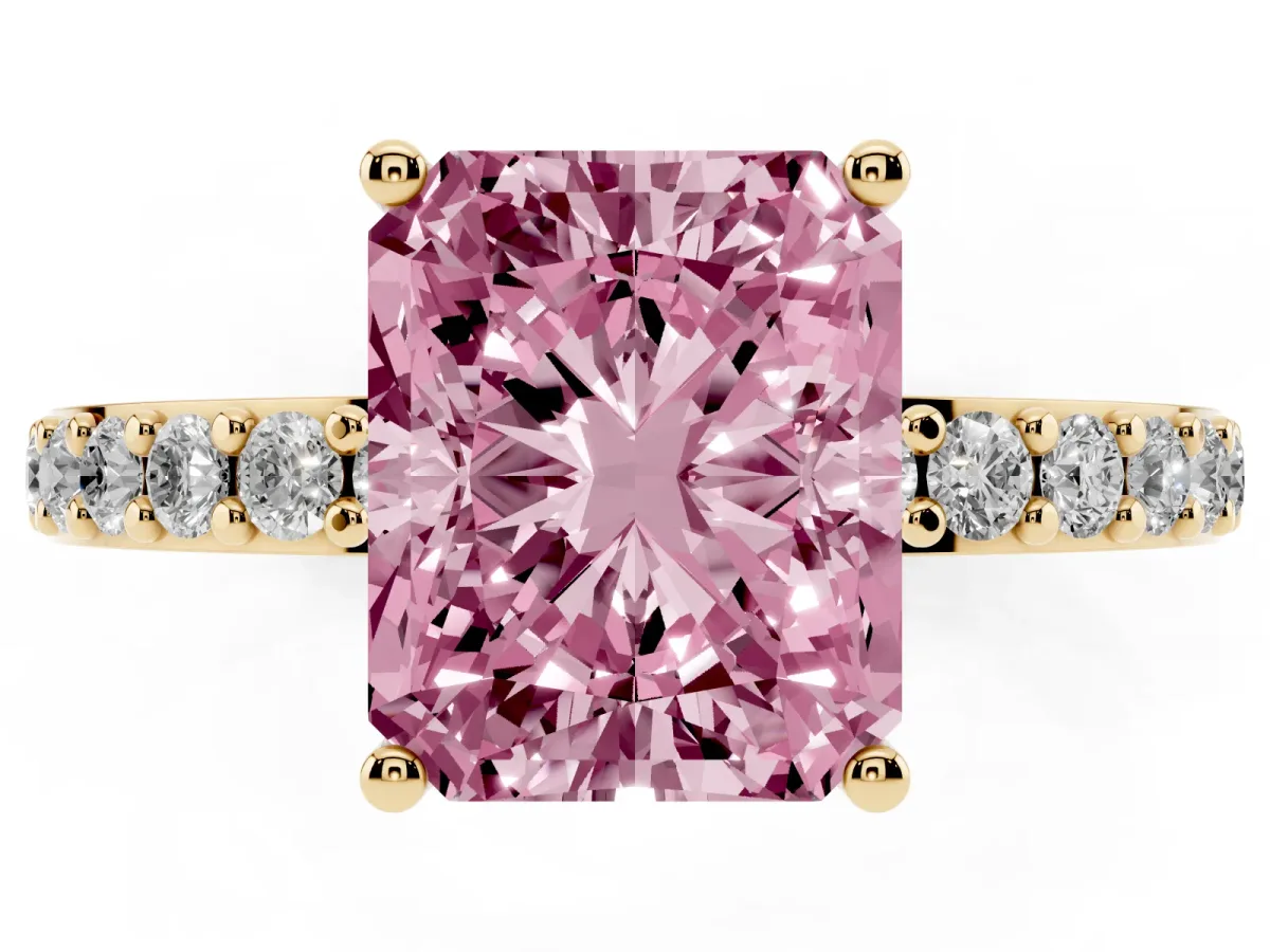 Fancy Pink Radiant Cut Cut Diamond Solitaire with Pave Band and Four-Prong Setting Yellow gold