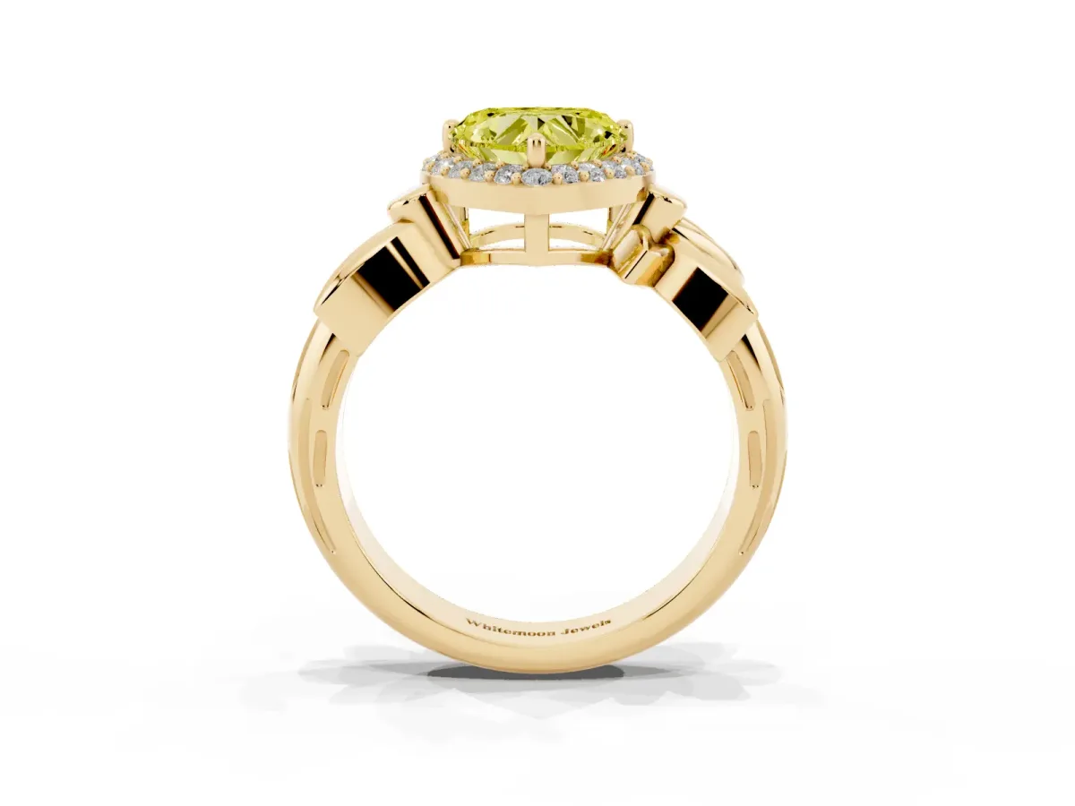 Fancy Yellow Heart Cut Halo Diamond Floral Band with Four-Prong Setting Yellow gold