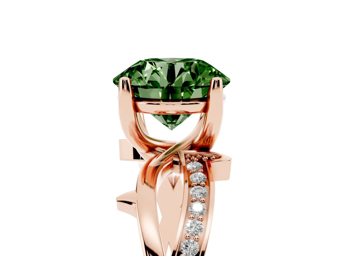 Fancy Green Round Cut Solitaire Twist Band with Pavé Accents and Four-Prong Setting Rose gold