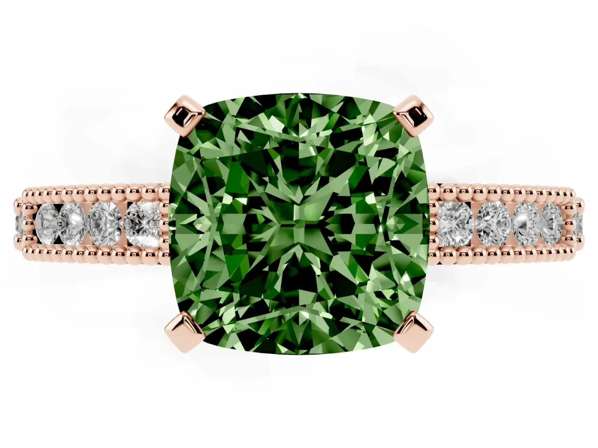 Fancy Green Cushion Cut Solitaire with Pavé Band and Four-Prong Setting Rose gold