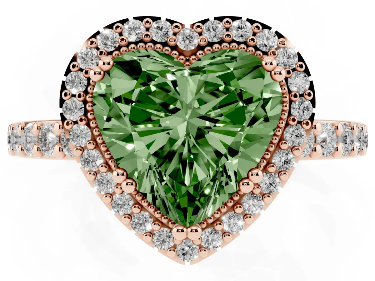 Fancy Green Heart Cut Cut Diamond Halo Engagement Ring with Milgrain Detail and Pavé Band Rose gold