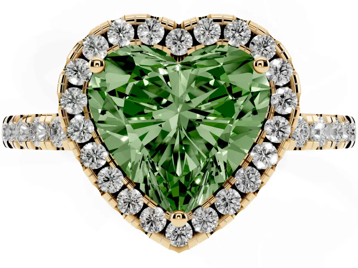Fancy Green Heart Cut Halo Diamond Engagement Ring with Pavé Band and Four-Prong Setting Yellow gold