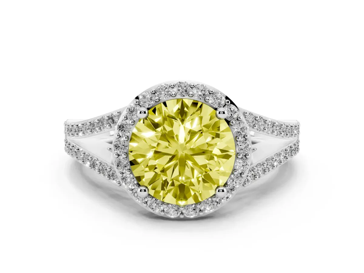 Fancy Yellow Round Cut Halo Split Shank Pave Diamond Ring with Four-Prong Setting Silver