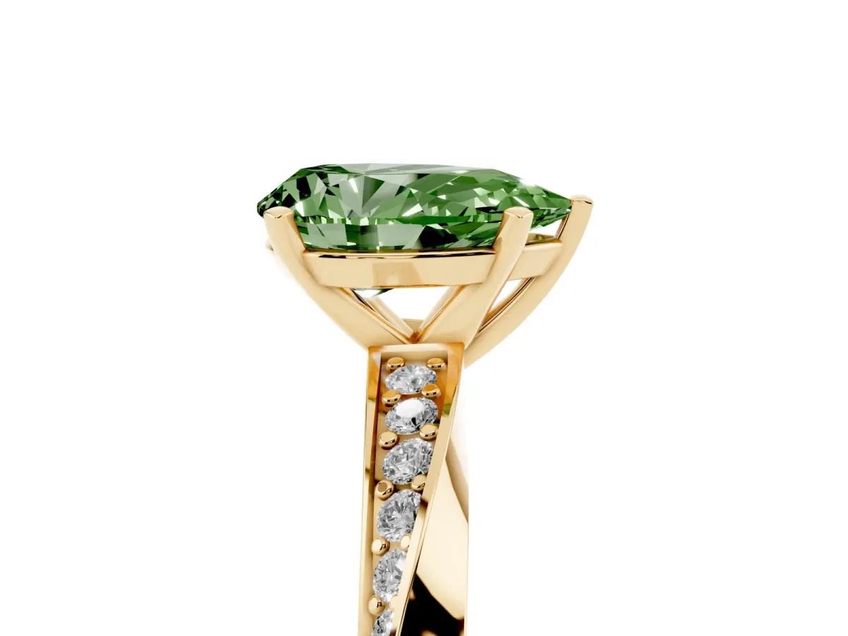 Fancy Green Pear Cut Diamond Engagement Ring with Side Stone Accents and Four-Prong Setting Yellow gold