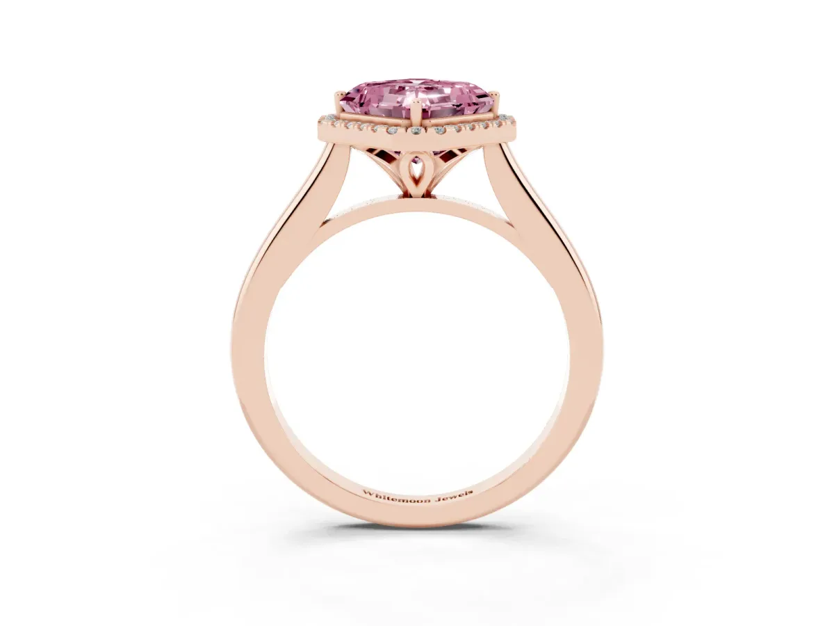 Fancy Pink Asscher Cut Halo Round Diamond Solitaire Engagement Ring with Pave Band and Four-Prong Setting Rose gold