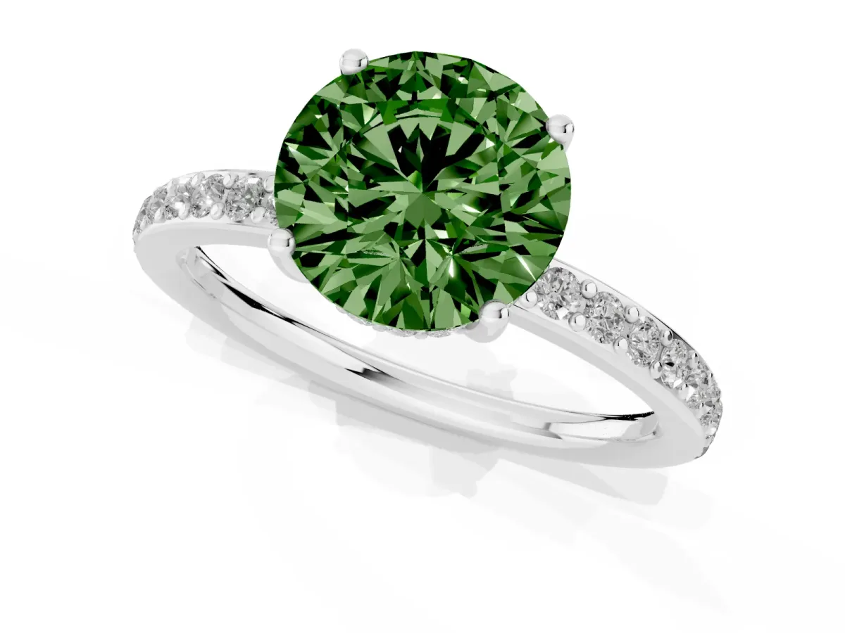 Fancy Green Round Cut Cut Diamond Pavé Band Ring with Four-Prong Setting Platinum