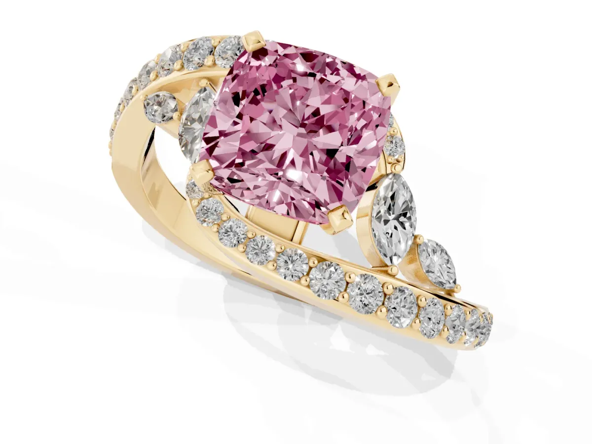 Fancy Pink Cushion Cut Solitaire with Pavé Twist Band and Four-Prong Setting Yellow gold