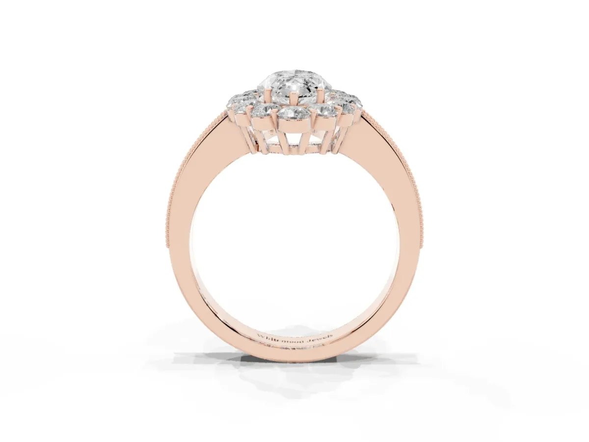 Marquise Cut Cut Halo Diamond Pavé Engagement Ring with Milgrain Detailing Rose gold