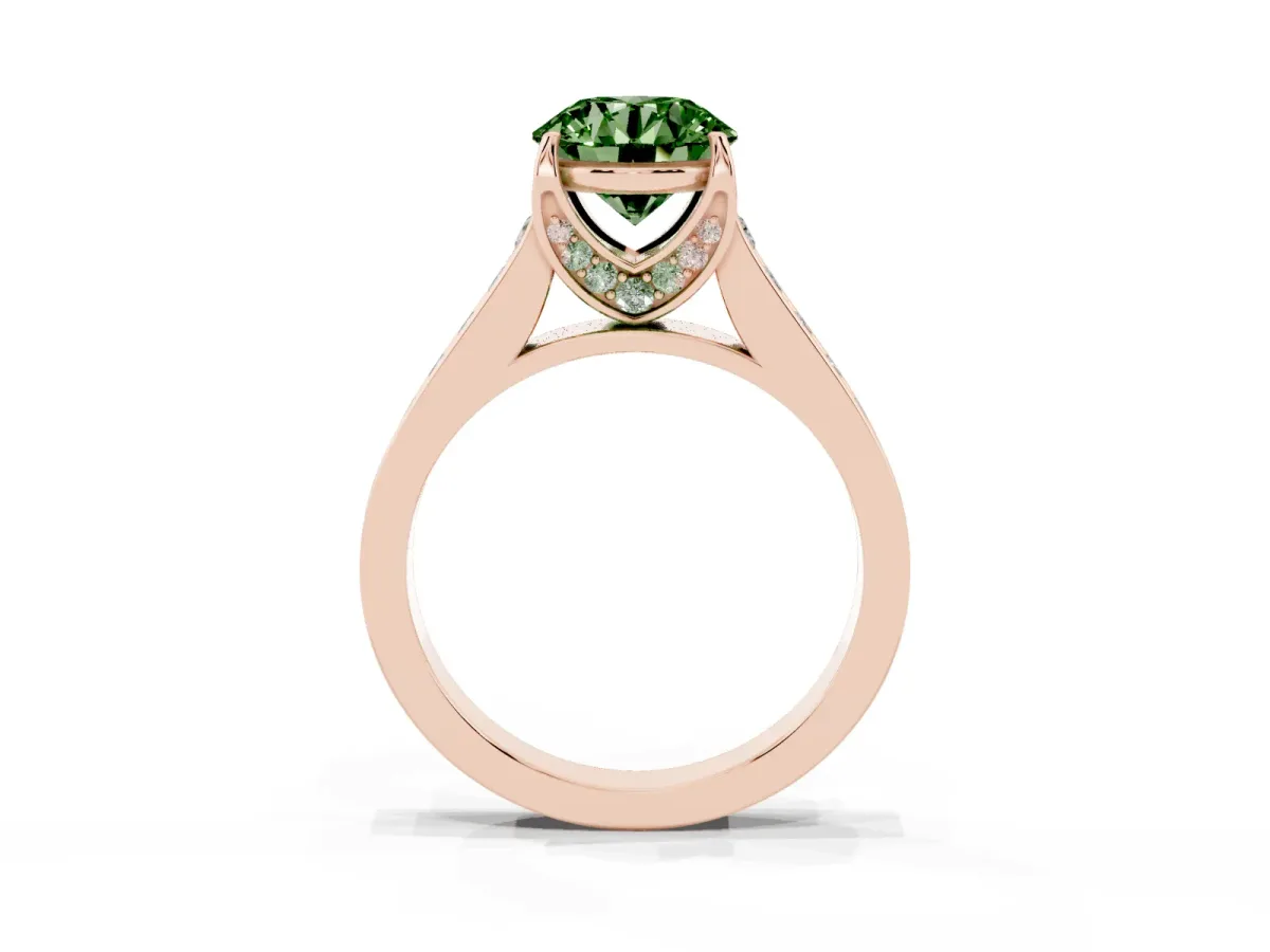 Fancy Green Round Cut Brilliant Cut Diamond Engagement Ring with Pavé Band and Four-Prong Setting Rose gold