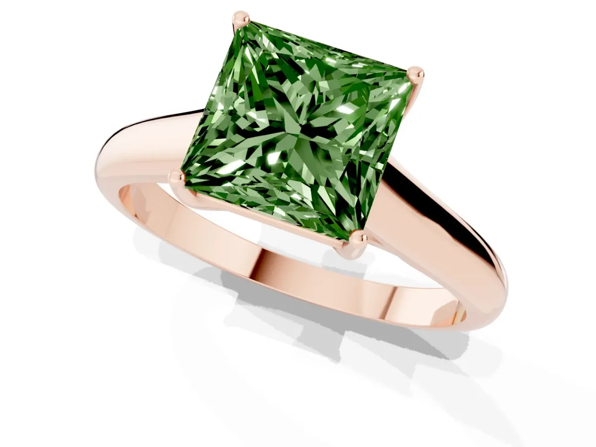 Fancy Green Princess Cut Solitaire Engagement Ring with Tapered Band and Four-Prong Setting Rose gold