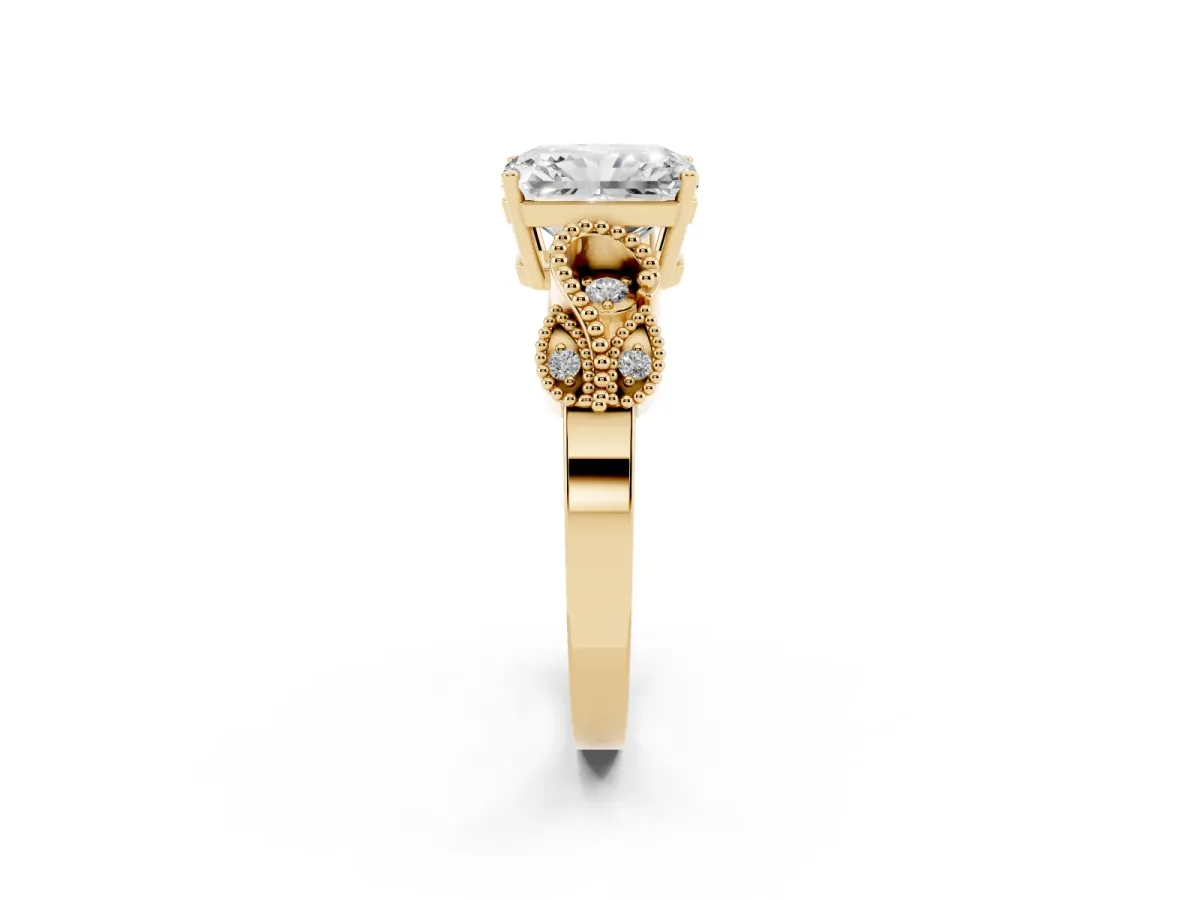 Radiant Cut Solitaire Milgrain Leaf Band with Prong Setting Yellow gold