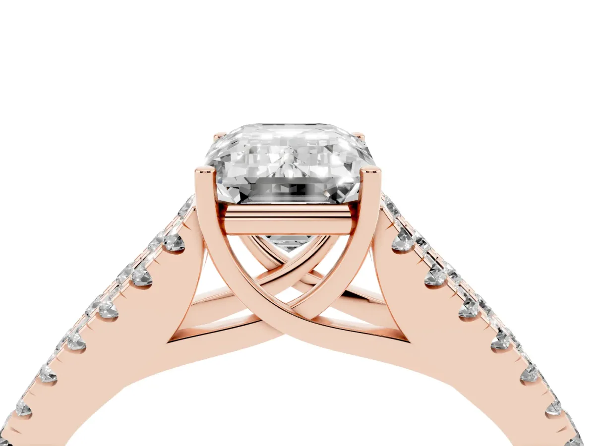 Emerald Cut Diamond Split Shank Engagement Ring with Round Pavé and Prong Setting Rose gold