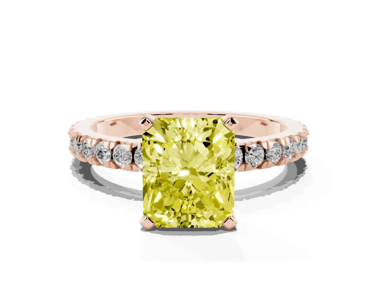 Fancy Yellow Radiant Cut Diamond Pavé Band Solitaire with Four-Prong Setting Rose gold