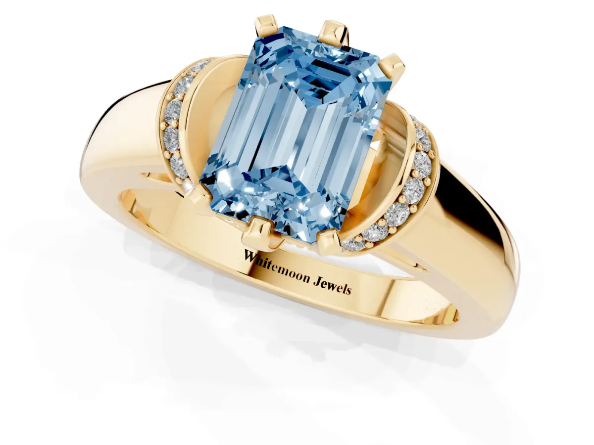 Fancy Blue Emerald Cut Solitaire Diamond Ring with Pave Band and Six-Prong Setting Yellow gold
