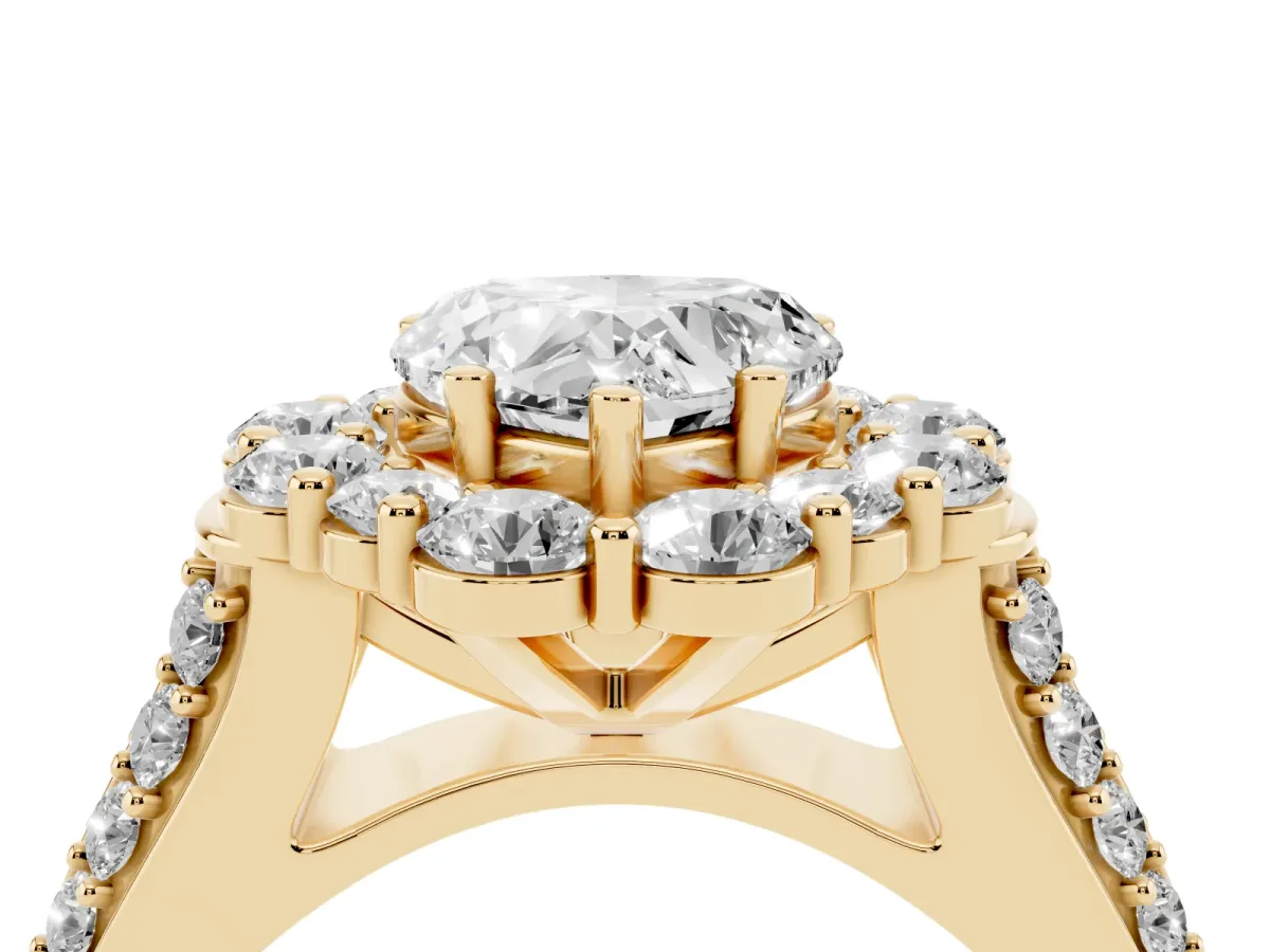 Heart Cut Halo Diamond Engagement Ring with Split Shank and Prong Setting Yellow gold