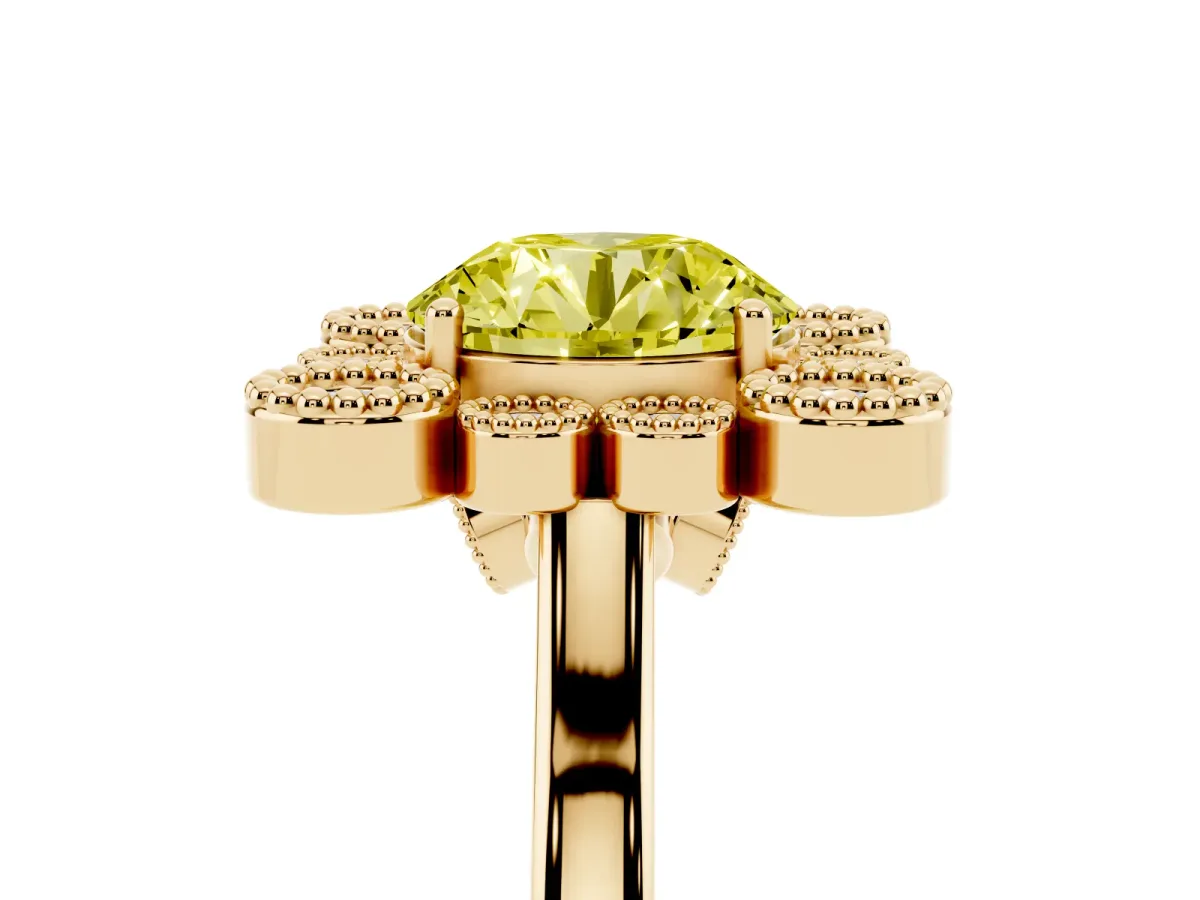 Fancy Yellow Round Cut Halo Diamond Cluster Engagement Ring with Milgrain Bezel Setting and Solitaire Band Yellow gold