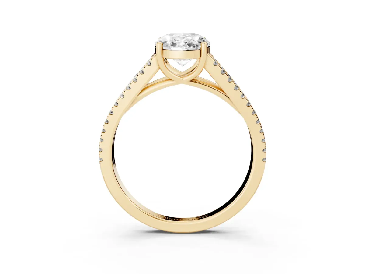 Oval Cut Diamond Solitaire Engagement Ring with Split Shank Pavé Band Yellow gold