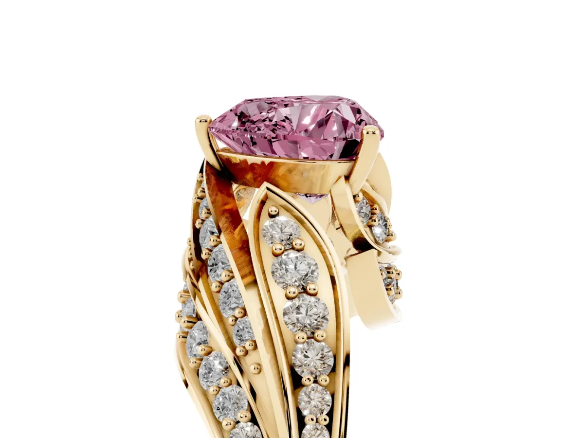 Fancy Pink Heart Cut Diamond Solitaire Ring with Prong Setting and Twisted Pavé Band Yellow gold