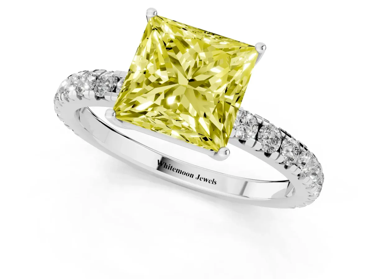 Fancy Yellow Princess Cut Diamond Pavé Solitaire Engagement Ring with Four-Prong Setting Silver
