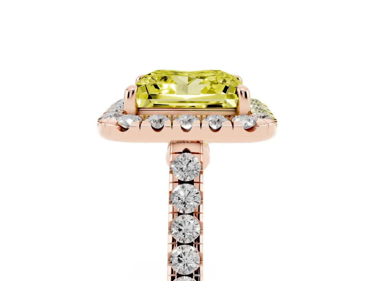 Fancy Yellow Princess Cut Halo Pave Diamond Engagement Ring with Four-Prong Setting Rose gold