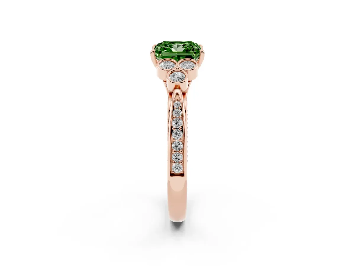 Fancy Green Princess Cut Cut Diamond Engagement Ring with Bezel Set Round Side Stones and Prong Setting Rose gold