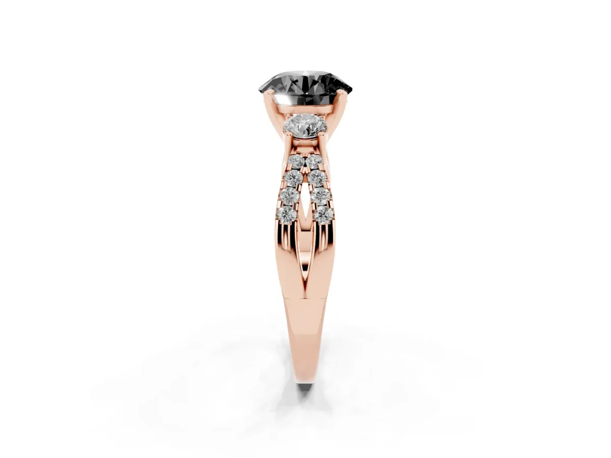 Fancy Black Round Cut Diamond Three-Stone Ring with Pavé Split Shank and Four-Prong Setting Rose gold