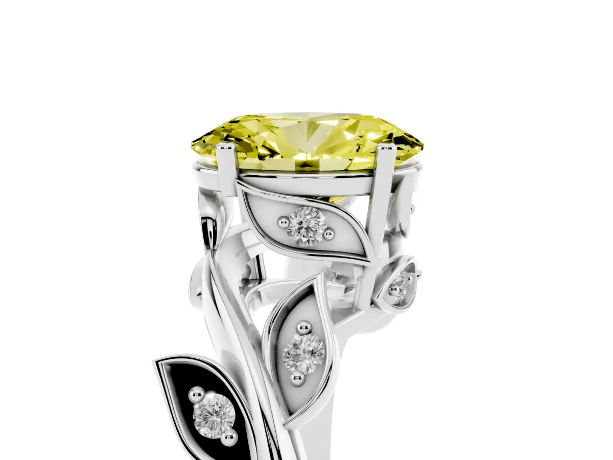 Fancy Yellow Oval Cut Solitaire Twist Engagement Ring with Leaf Accents and Prong Setting Silver