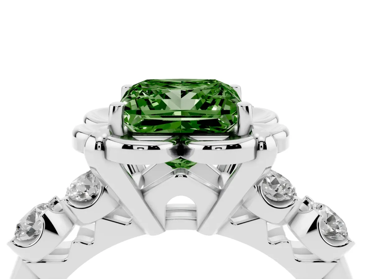Fancy Green Princess Cut Cut Diamond Floral Halo Engagement Ring with Shared Prong Setting Platinum