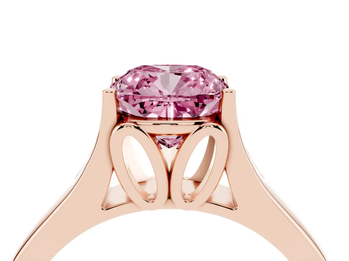 Fancy Pink Cushion Cut Solitaire Diamond Ring with Cathedral Band and Four-Prong Setting Rose gold